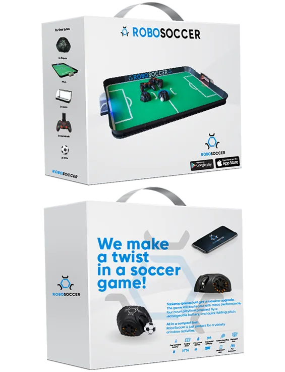 RoboSoccer retail box — fold-up arena, two robot players, gamepads, and app